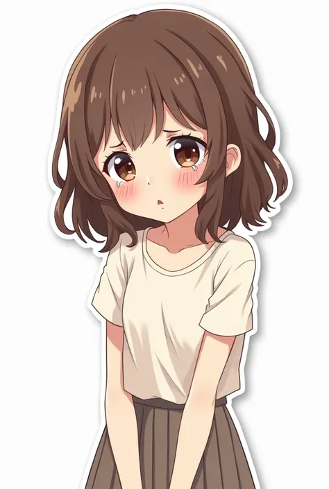 Create a LINE sticker of a brown-haired girl with bangs named Miya who is crying., full body image.