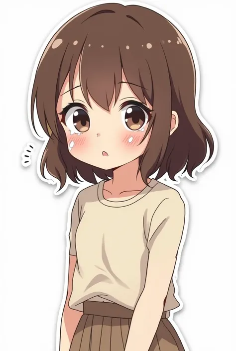 Create a LINE sticker of a brown-haired girl with bangs named Miya who is crying., full body image.