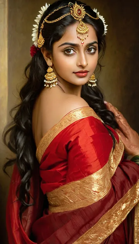 Beautiful Indian Woman Vidya Pradeep, wearing red saree, sari Beauty, gorgeous, Apsara, Maharani, royal queen woman, nymph from Hindu Mythology, Urvashi, matchless beauty, Highly detailed, Oil Painting by Peter Paul Rubens inspired by Raja Ravi Varma, Matc...