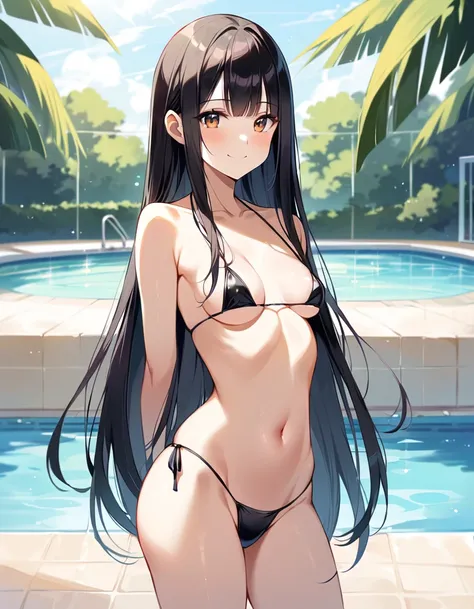 Woman, cute, adorable, smiling, straight hair, long hair, black hair, standing, Swayback stance, looking at the camera, From the front, from thighs to head, pool, daylight,micro bikini