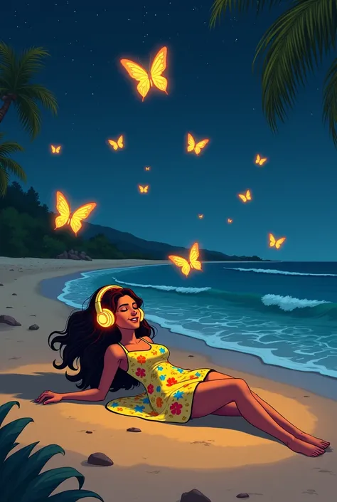 A Brazilian woman in a cartoon dress lying on the beach at night with headphones on with glowing butterflies around her  