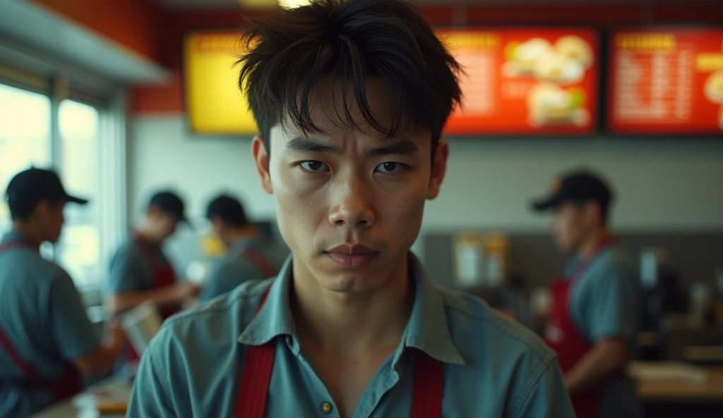 A scene with McDonald&#39;s attendants working and in the center a young man in the center highlighted, closeup, with deep dark circles, express tiredness, exhausted, semi realistic, cinematic.