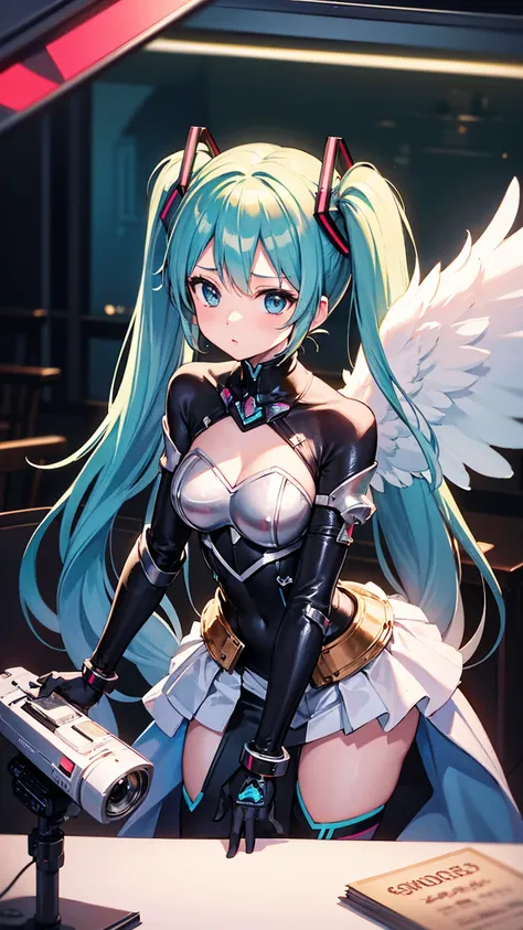 (Princess Knight), hatsune miku, ((wearing armor)), Angel wings, cyberpunk, noise removal, illustration, neon lights on the, Tabletop、Exquisite design、Visual Arts、Concept Artist、Five Fingers, Perfect body, {{{masterpiece}}}, {{{Highest quality}}}, {{Very d...