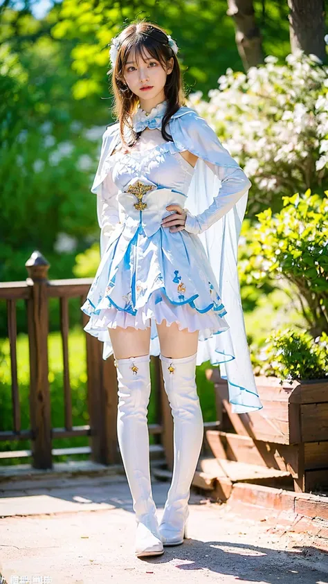 (8k、RAW Photos、Highest quality、masterpiece:1.2)、(Realistic、Realistic)、1 person、((White and light blue、garden、Frills、Cape、mini skirt、Thin legs、whole body、boots、View from the front、Looking into the camera、Stand with hands on hips))、cute