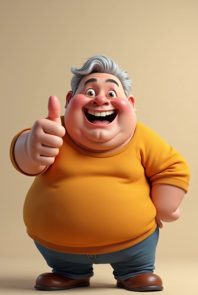 A chubby man giving a thumbs up with his right hand with gray hair