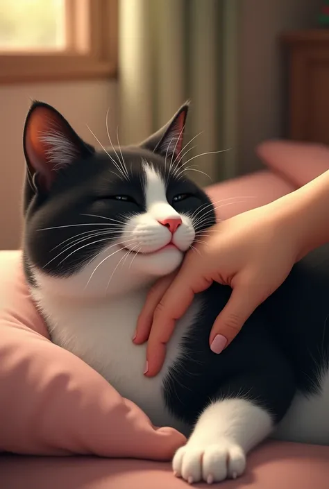 A guy pets a black and white cat, In the frame you can only see the cat and Prany&#39;s hand