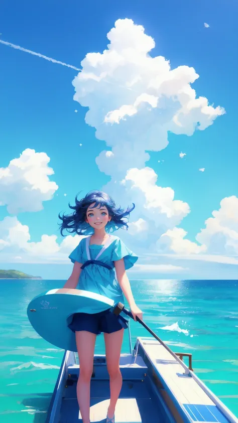 A beautiful, cute girl with a playful smile, holding a large steering wheel as she navigates the Early Adopters Cruiser through calm blue waters. The background is a vibrant blue sky with a few scattered clouds, and the sea sparkles under the sun, adding a...