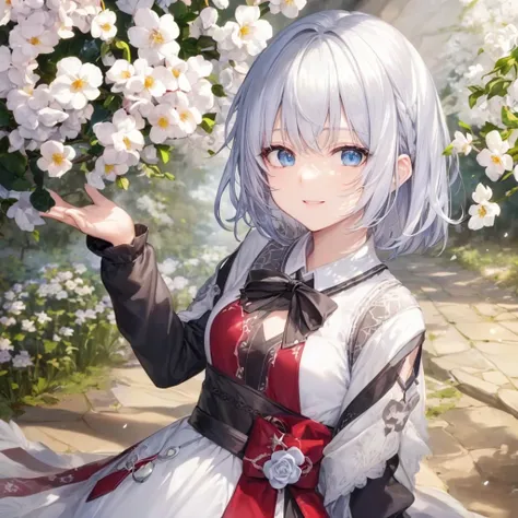 Ultra HD,Look at the viewers, Place your hands behind your back, and, 20-year-old, 非常にshort hair, Long bangs between the eyes, Pale blue eyes, Very detailed,(masterpiece、Highest quality),Gray Hair、Laughter、wonderful, Silver Hair, iris, short hair、 Flutteri...