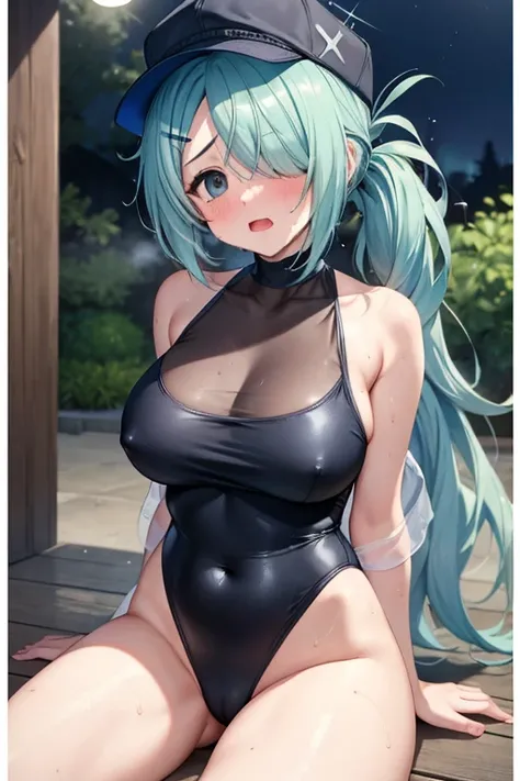 (masterpiece), best quality, expressive eyes, perfect face,nsfw:1.2,full body,embarrassed,breathless:1.4,humid:1.4,open mouth,full-face blush:1.2,badmood:1.1,Outdoor,see-through swimsuit,wet,straddling,night