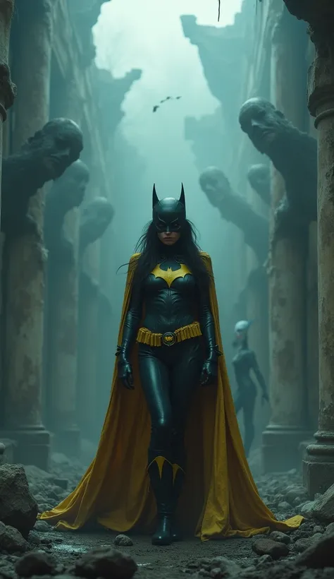 Hermosa Batgirl , full body, horror, inside, distorted, sky, fog, In that, dust, ruined temple, fear, shadowy creatures, masterpiece, ultra high resolution, high quality, cinematic lighting,