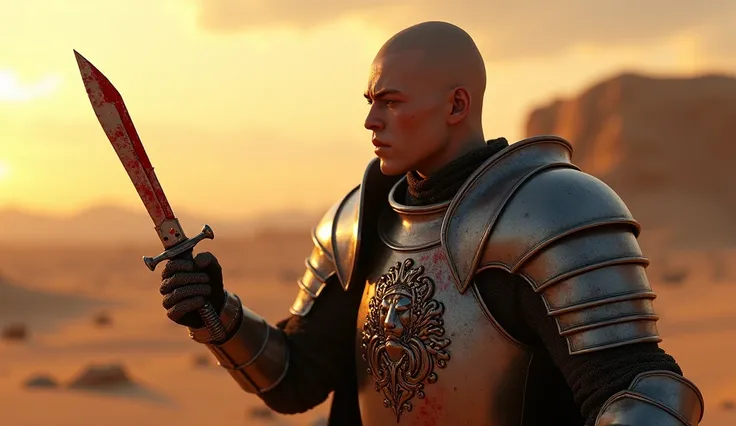 A highly realistic, high-contrast, 8K HD, detailed, hyper-detailed image of Tadakoro, a medieval knight with a shaved head, raising a small knife in a fierce and determined strike. Tadakoro is dressed in steel armor, featuring the exact lion emblem as show...