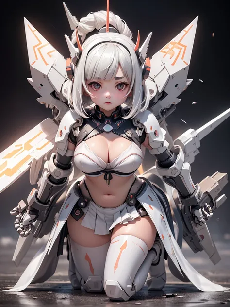 {(japanese young girl)}, (She is fused with futuristic Gundam mecha:1.1), white theme, with headgear, with v-fin , ((unarmored cleavage)), ((unarmored stomach)), ((unarmored upper arms)), ((unarmored face)), (unarmored hands), (unarmored waist), ((unarmore...