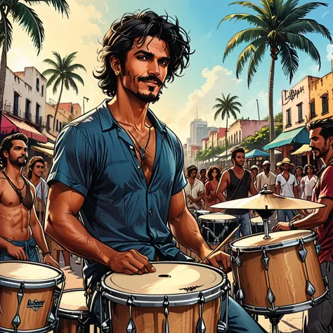 
(((close-up drums,)))city square,  street, people looking, tropical street, palm trees, close-up drums, happy gypsy man, graphic style of novel comics, 2d, 8k, hyperrealism, masterpiece, high resolution, best quality, ultra-detailed, super realistic, Hype...