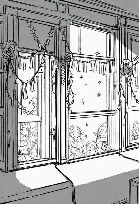 Create a line art illustration of an empty room interior with only windows and chalkboard festively decorated with DIY, affordable materials. The room features paper flowers, tassel garlands, banners, candlesticks, sparkling garlands, bandana banners, DIY ...