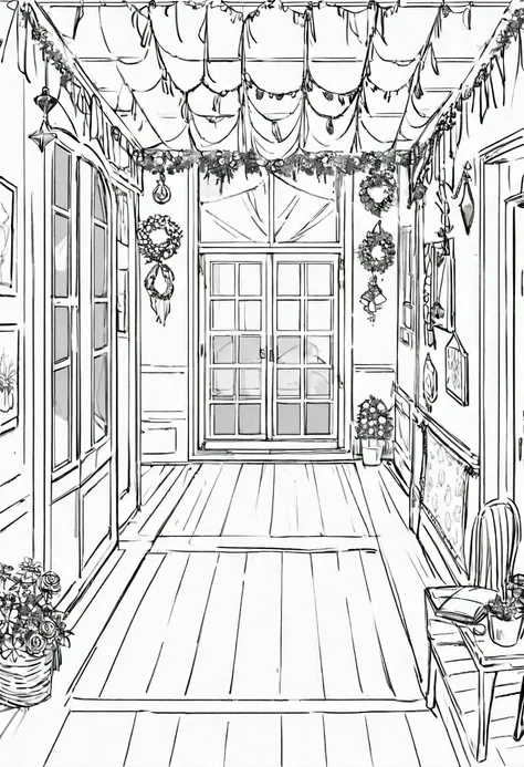 Create a line art illustration of an empty room interior with only windows and chalkboard festively decorated with DIY, affordable materials. The room features paper flowers, tassel garlands, banners, candlesticks, sparkling garlands, bandana banners, DIY ...