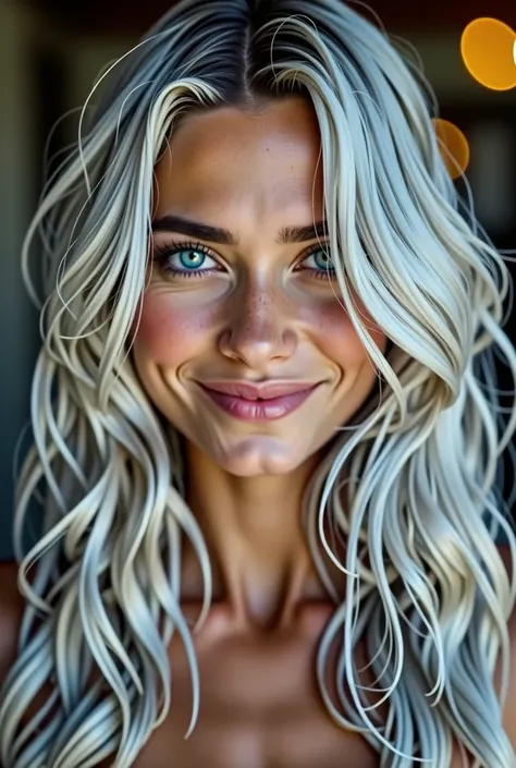 Silver hair, Hair over the shoulder, Long hair, Aqua Blue Eyes, nice smile, Cowboy-shot, 85mm, Canon, uhd, anatomically correct, textured skin, Super Detail, 8k