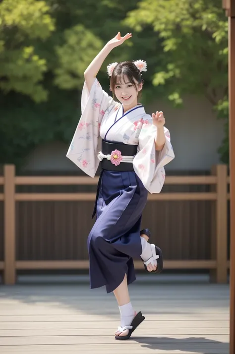 photo-realistic quality、a 20-year-old woman is wearing a kimono and dancing the awa odori dance., traditional japanese, detailed...