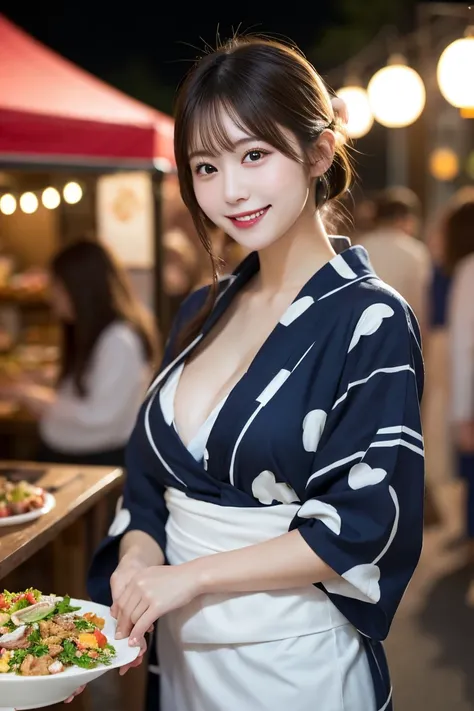 Summer festival food stalls , Highest quality, shape, Very detailed, In detail, High resolution, 8k wallpaper, Perfect dynamic composition, Beautiful details,  Natural Lip, Cute Yukata, Big Breasts, Cleavage, She is smiling in a cute pose.., A masterpiece ...