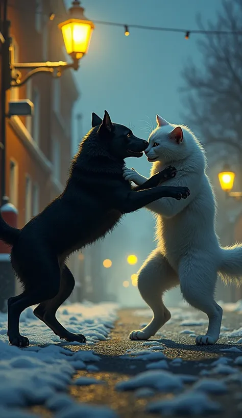 A black dog and a white cat jumped up and fought on a cold evening street corner., there are yellow street lights, The cat fell to the ground.