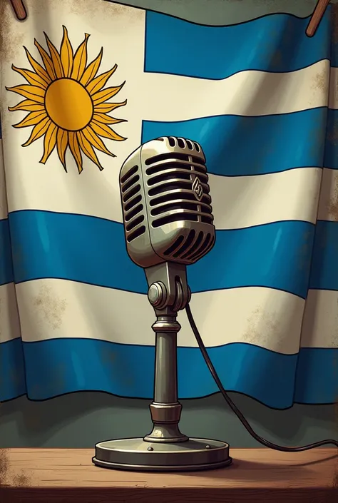 Create an illustration of an old microphone surrounded by a Uruguayan flag for a political radio show 