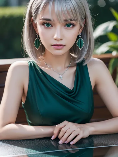 (Tabletop, Highest quality:1.5), night, Dark Theme, (Platinum Hair, Upper Body, View your viewers, dark green dress:1.3), Candid pose, Earrings, necklace, (Violet, Gardenias, Delicate, 8k, 85mm Portrait, Official Art, RAW Photos, Absurd, Short sleeve, Cinc...