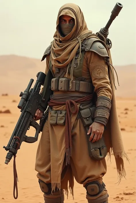 Soldier, Machine gun with rags, Decorated with lettering and ropes, Desert, Suit like the Tusken in StarWars
