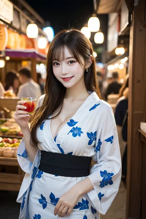 Summer festival food stalls , Highest quality, shape, Very detailed, In detail, High resolution, 8k wallpaper, Perfect dynamic composition, Beautiful details,  Natural Lip, Cute Yukata, Big Breasts, Cleavage, She is smiling in a cute pose.., A masterpiece ...