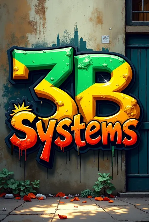 create an image with street art letters that contain the name 3B SYSTEMS with the colors of the Jamaican flag 