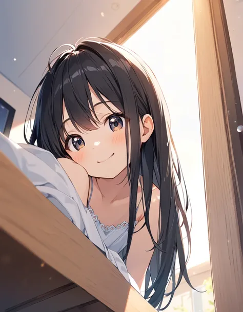 girl, cute, lovely, from chest to head, smiling, straight hair, long hair, black hair, bedroom, morning, sunny, from below, looking down at us, camisole, looking at the camera, leaning forward, peeking