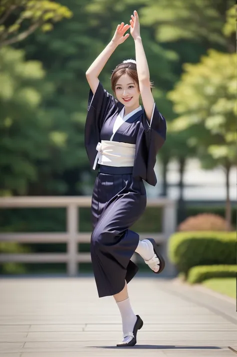 photo-realistic quality、a 20-year-old woman is wearing a kimono and dancing the awa odori dance., traditional japanese, detailed...