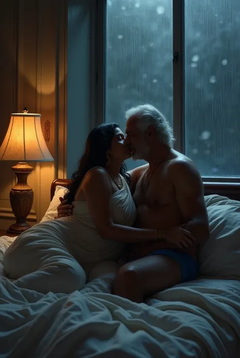 ((best quality)), ((masterpiece)), (detailed), Beautiful Indian Woman with fat belly and Breasts Exposed, Lying and kissing on bed with a Old Man, Dim lamp light in the room, rain pouring outside the window.