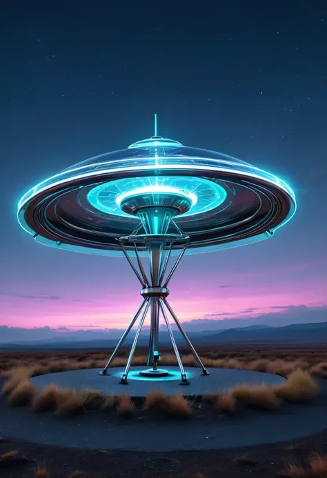 A UFO made of a metal-plated frame, a magic circle on the ground, and a kaleidoscope of iridescent neon lines in the sky, transparent, clear neon color, precision instruments, machines, machine parts, LED, wire cables, analyzers, labs, (ultra detailed, abs...