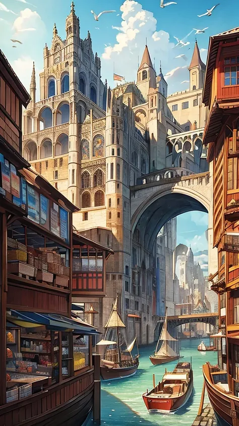 A detailed illustration of a bustling medieval port city with numerous ships docked, inspired by Renaissance maritime paintings, featuring intricate architectural details, vibrant market stalls, seagulls soaring overhead, daylight