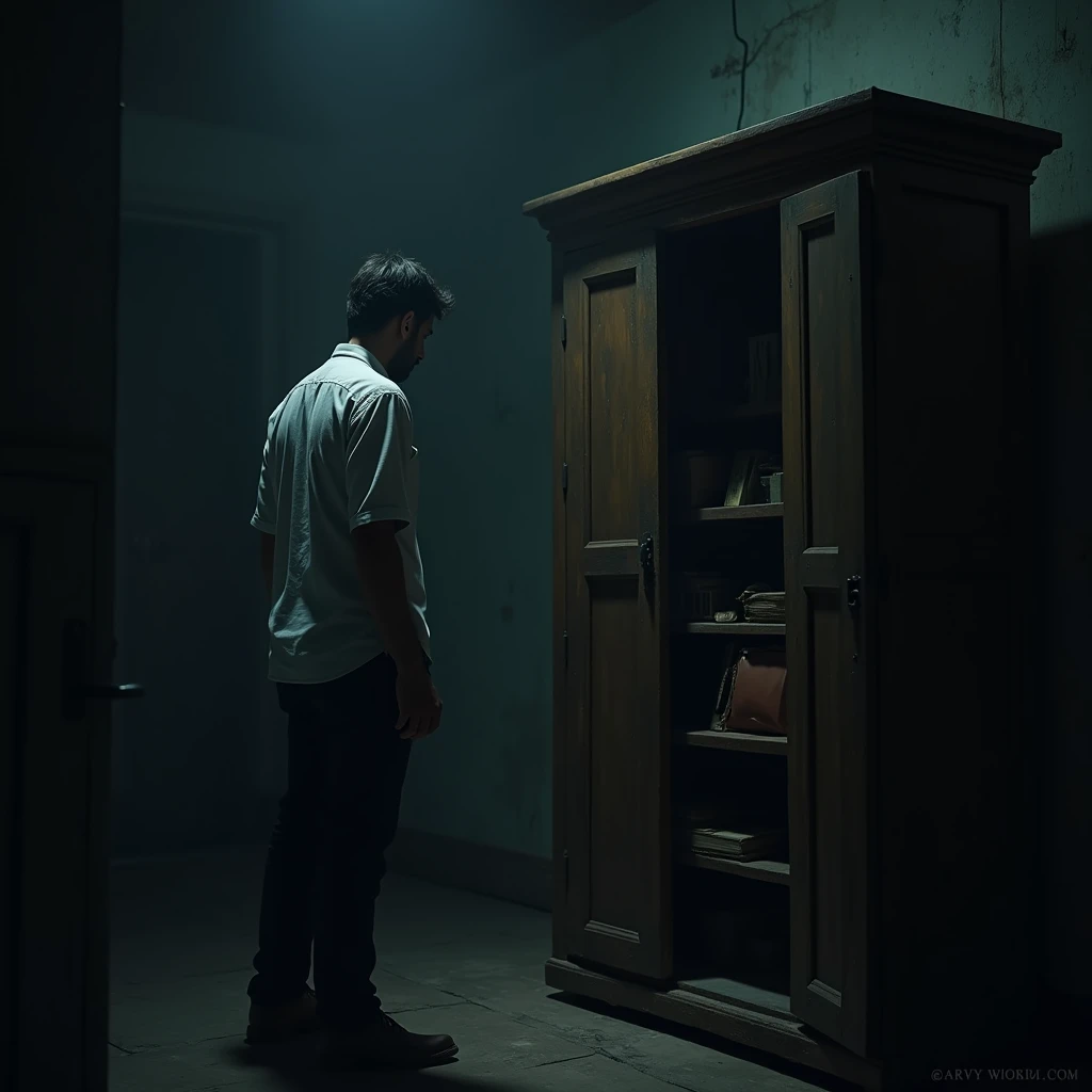 Vijay standing in the dark room.
, opening the old wardrobe inside of which is a small dusty diary resting on one of the sheleves