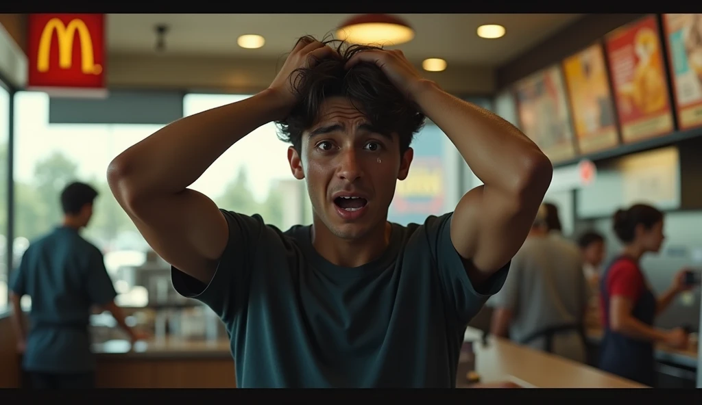 A scene with McDonald&#39;s attendants working and a young man standing in the center highlighted, exhausted, with both hands pulling the hair, in despair, sobbing, semi realistic, cinematic.