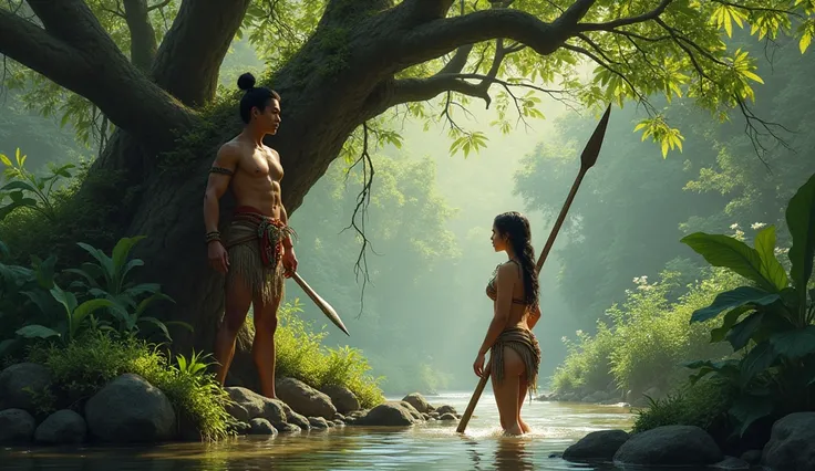 a tall, young, handsome and strong Filipino warrior holding a spear walking near the large stream when he saw a beautiful woman (looks like pre-colonial Filipina) bathing beneath a Balete Tree. show rhe girl bathing while the warrior is hiding behind the b...