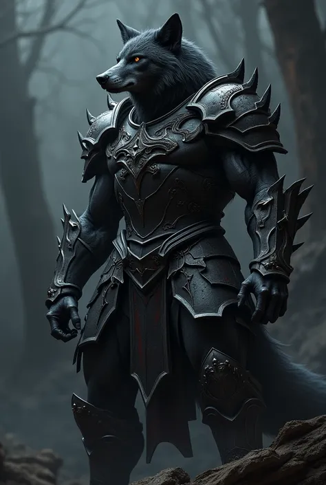 Warrior wolf ,diagonal profile, dark , with armor