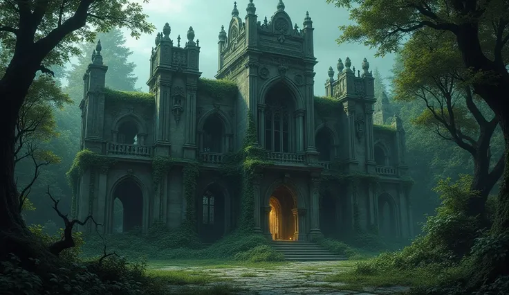 An old, decrepit palace with moss-covered walls, surrounded by darkness.
