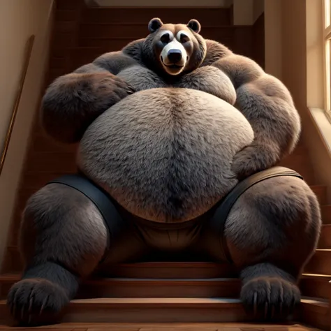 Fat Huge 450 Pounds Daddy Furry Black Grizzly Bear Big Belly and Large Chunky body and wearing Black Shorts and sitting on the Stairs His Belly is Bigger, Huge, Fat, Chunky, Furry and have his are up wanting a hug