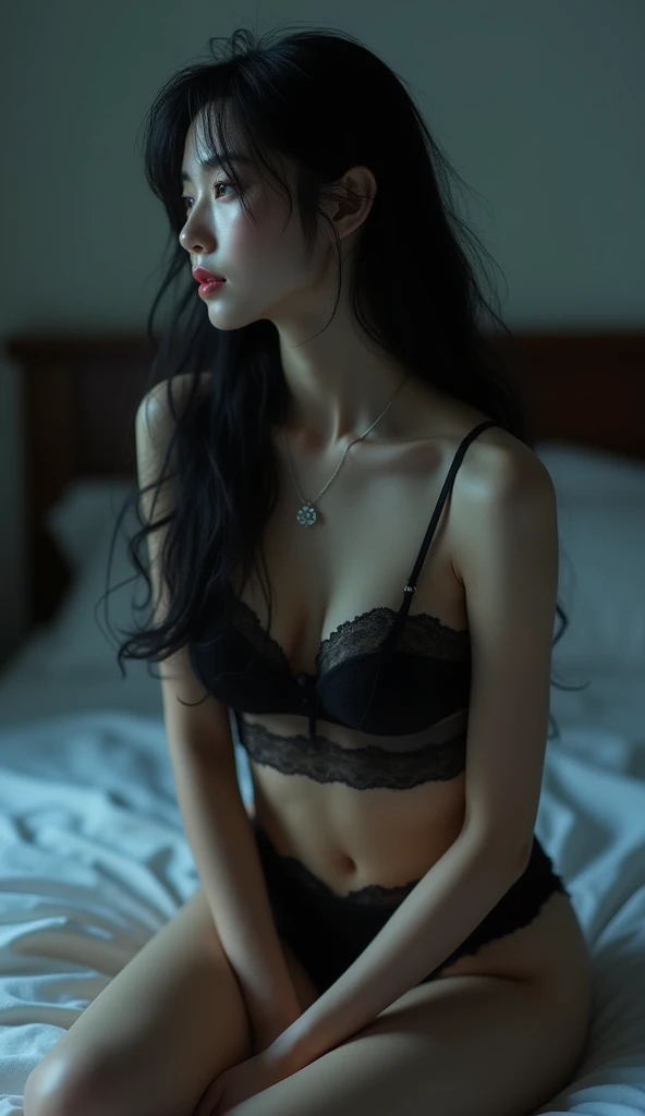 Black underwear,Back view,Very young Japanese woman,The room is very cool、Beautiful lighting,jewelry,Sit on the bed,Long black hair,alone,necklace,long hair,whole body,Earrings,avert your eyes,Look to the side,compensate, Highest quality , masterpiece, fig...