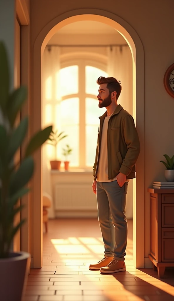 One  husband  in home passage background 3d animation style 