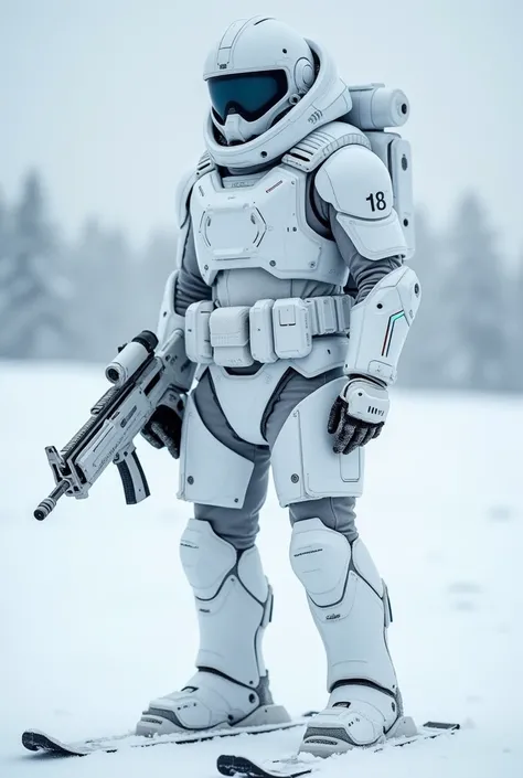 snowsoldat, white equipment, Light blue LED decoration, High-tech rifle in white with light blue stripes. snow, on skis, Weißer Helm mit snowbrille
