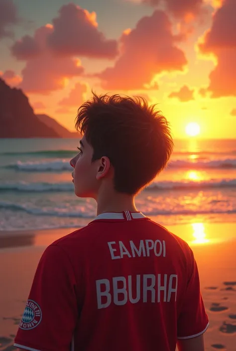 One with green eyes and brown hair wearing a Bayern Munchin shirt enjoying a Boa Vista of the sunset on the beach in Rio de Janeiro