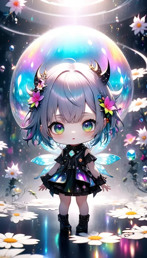 chibi, fantasy world that combines flower-punk and gem-punk, fairy spirits of beauty, background distorted space from another di...