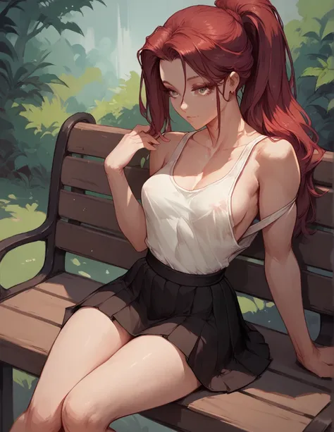 ,Female, 18 years, cute girl, Female,skirt,Slightly transparent tank top, slender body, sits on a bench, against the background of the park