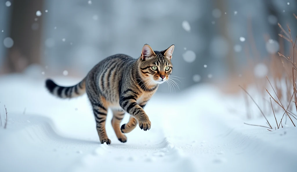 (photorealism:1.2), Photo of a graceful cat running on a snow-covered path, shot on a Canon EOS R5 with a depth of field f2.8, 85mm lens, 32k resolution, natural light, and realistic snow details --v 5 --q 3 --uplight