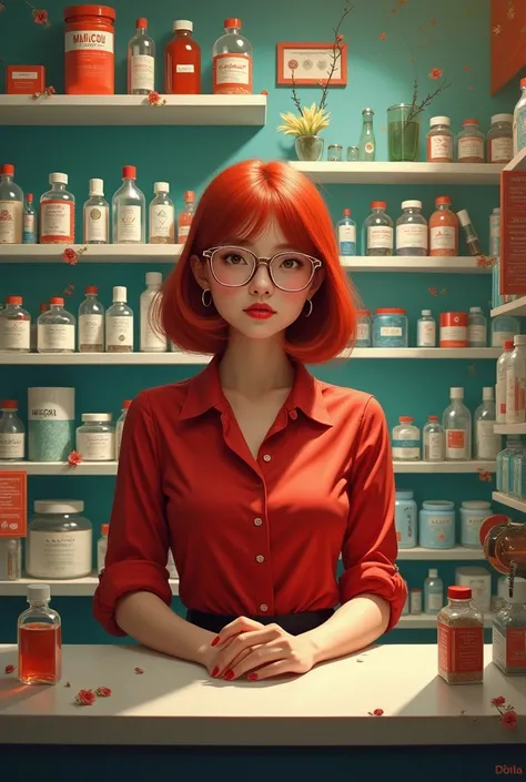 Woman, pharmacy clerk in red shirt, macacu drugstore, Chanel red hair, with glasses and in a dream world, tdh