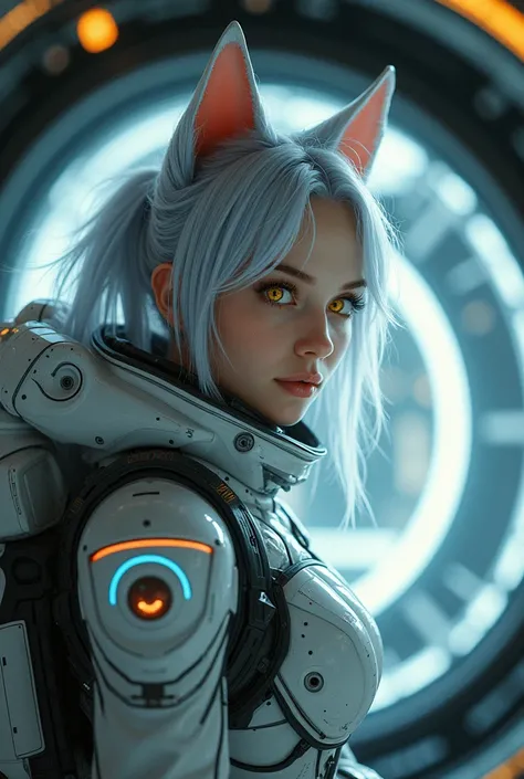 masterpiece, best quality, 1girl, spacecraft interior, spacesuit, upper body, from side, science fiction, yellow eyes, twintails, silver hair, cat ears, looking at viewer,