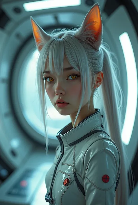 masterpiece, best quality, 1girl, spacecraft interior, spacesuit, upper body, from side, science fiction, yellow eyes, twintails, silver hair, cat ears, looking at viewer,