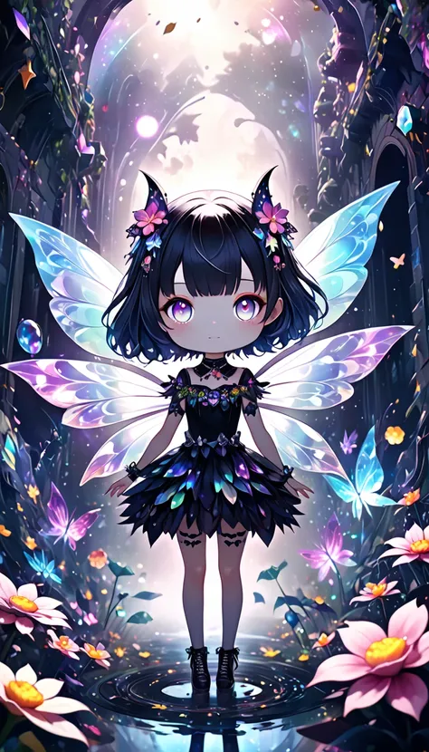 chibi, fantasy world that combines flower-punk and gem-punk, fairy spirits of beauty, background distorted space from another di...